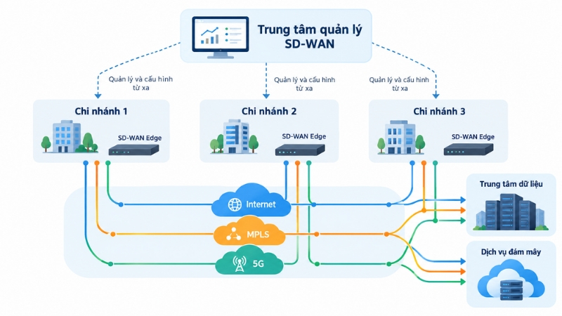 Mô hình SD-WAN kết hợp nhiều đường truyền và quản lý kết nối giữa các chi nhánh từ một nền tảng tập trung