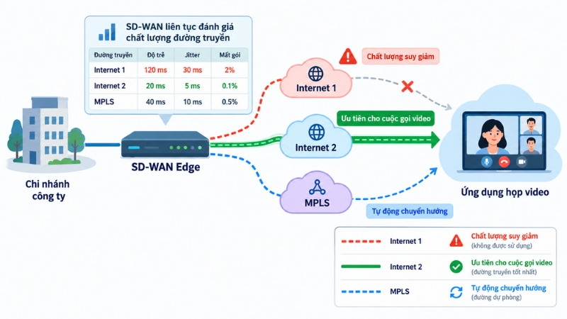 SD-WAN lựa chọn đường truyền dựa trên yêu cầu ứng dụng và các chỉ số hiệu suất mạng