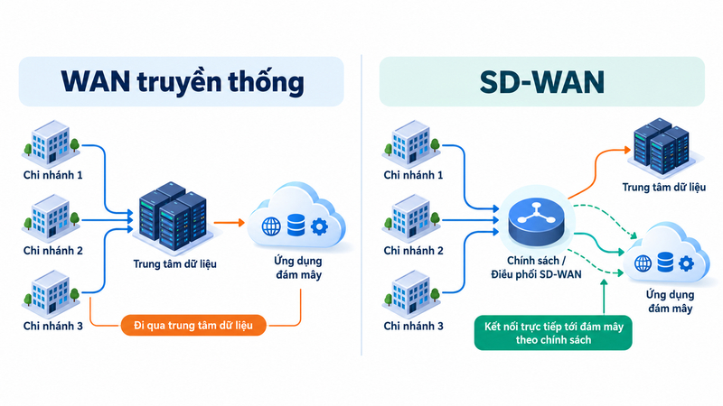 SD-WAN hỗ trợ kết nối trực tiếp đến ứng dụng đám mây theo chính sách, bên cạnh mô hình truyền dữ liệu qua mạng trung tâm