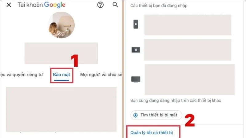 Mở mục Bảo mật và chọn quản lý các thiết bị đã đăng nhập