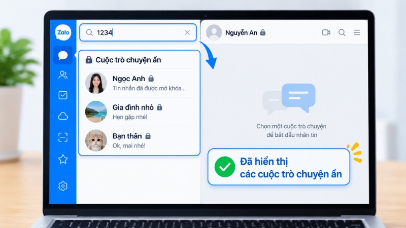 Nhập mã PIN vào thanh tìm kiếm để hiển thị toàn bộ cuộc trò chuyện đang ẩn trên Zalo