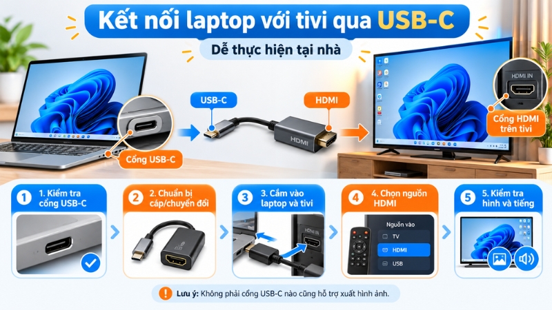 Kết nối laptop với tivi qua cổng USB-C