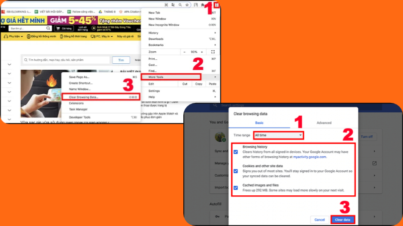 Xóa cache và cookie trên Chrome giúp khắc phục một số lỗi truy cập website