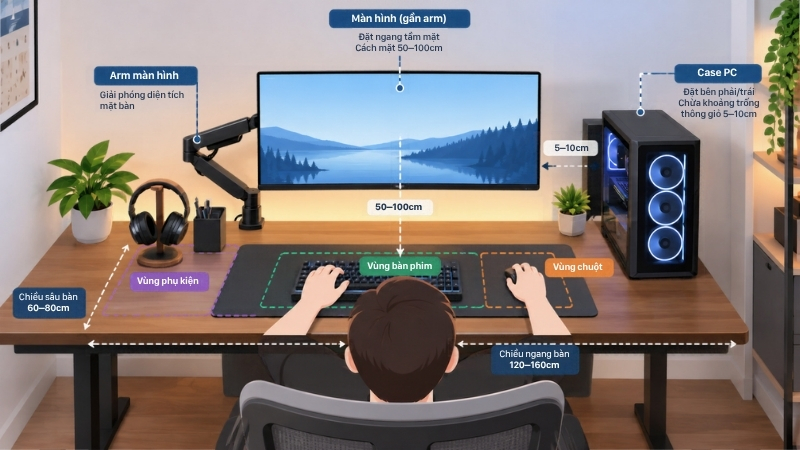 Bố trí màn hình và thiết bị theo vị trí ngồi giúp sử dụng góc PC thuận tiện hơn