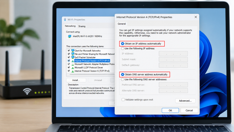 Thiết lập nhận IP tự động giúp Windows lấy cấu hình mạng từ DHCP của router
