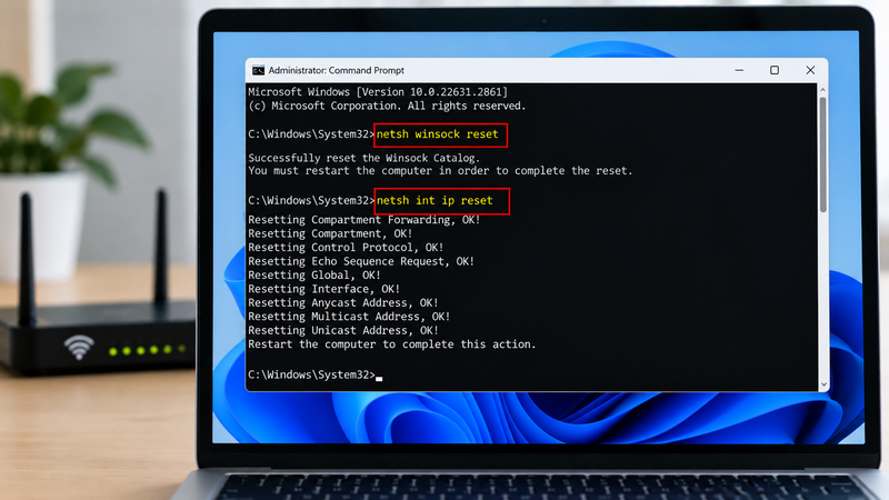 Các lệnh reset Winsock và TCP/IP giúp khôi phục thiết lập giao thức mạng trên Windows