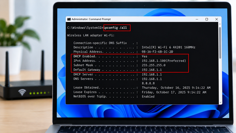 Lệnh ipconfig /all cho phép kiểm tra địa chỉ IP và các thông số kết nối Wi-Fi hiện tại