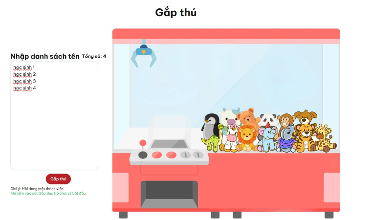 Game gắp thú chọn tên học sinh trong danh sách