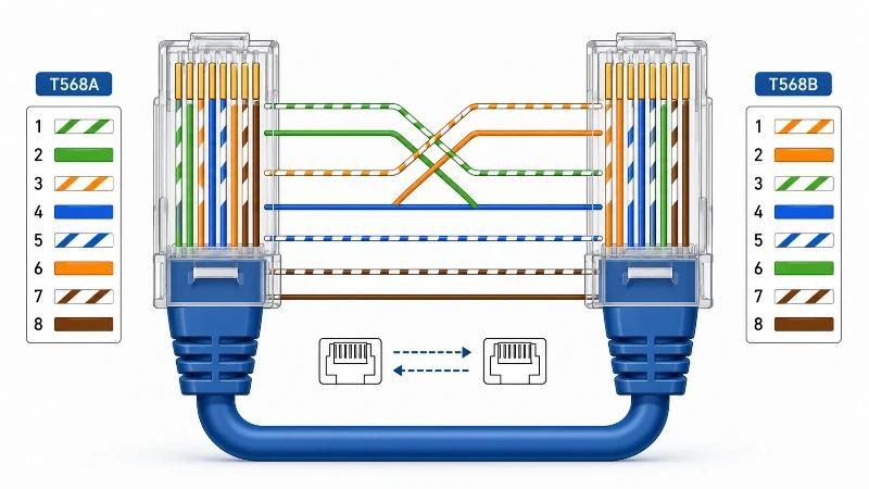 Sơ đồ bấm dây mạng chéo T568A và T568B