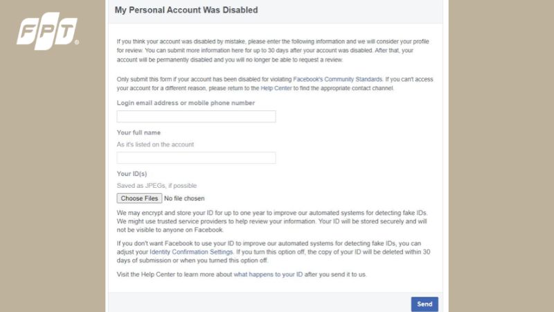 Giao diện gửi yêu cầu kháng nghị Facebook