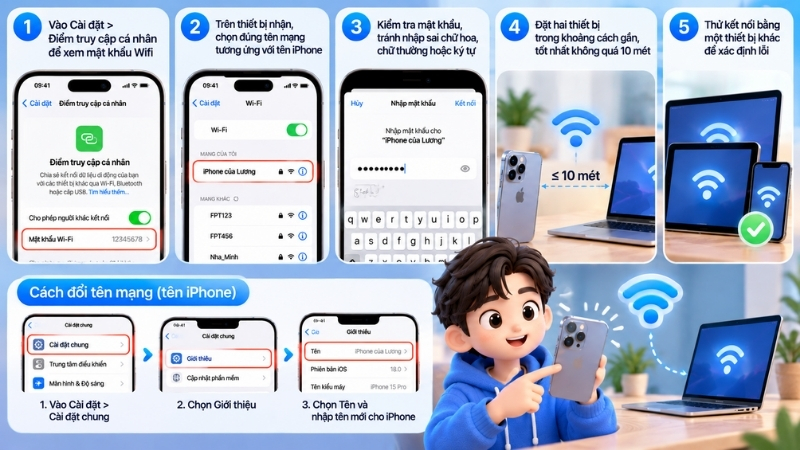 Kiểm tra tên mạng, mật khẩu và khoảng cách kết nối