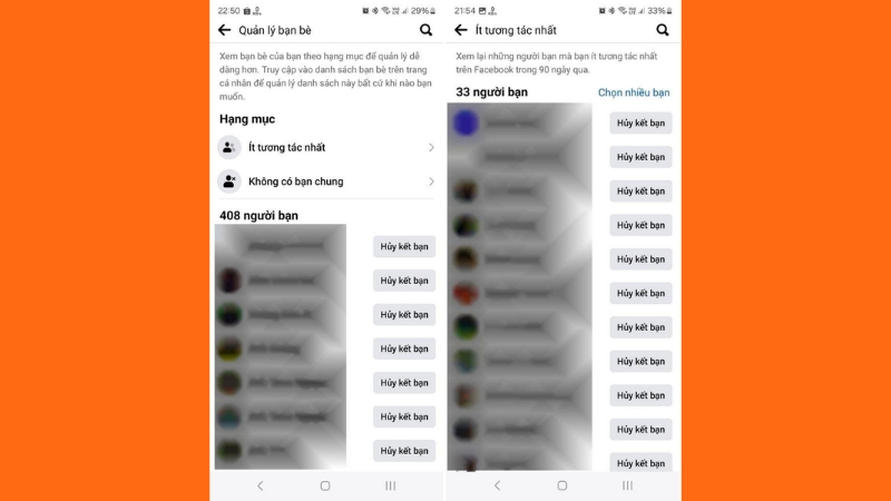 Xem các tài khoản ít tương tác nhất và tiến hành lọc bạn