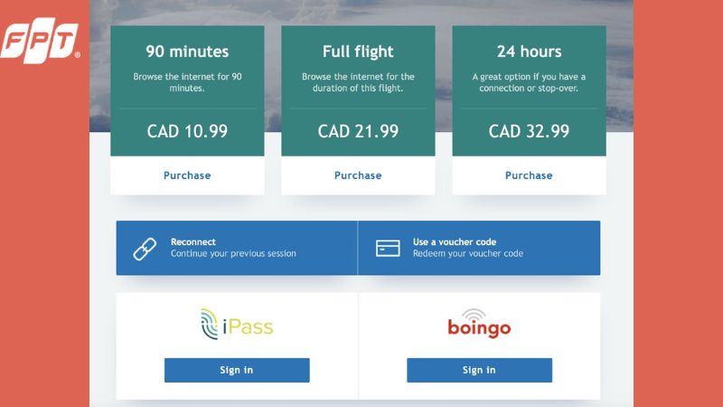 Giao diện lựa chọn gói WiFi trên máy bay