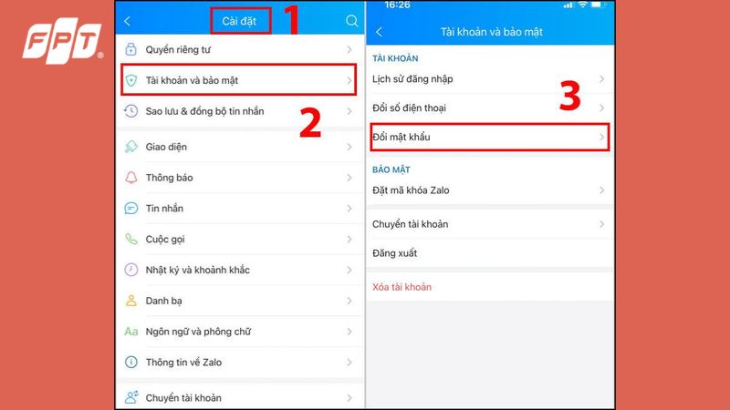 Giao diện cài đặt đổi mật khẩu Zalo