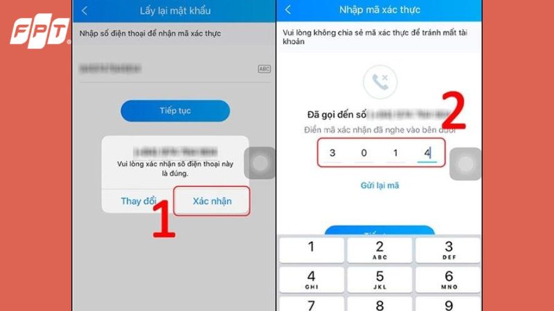 Màn hình nhập mã xác thực để lấy lại mật khẩu