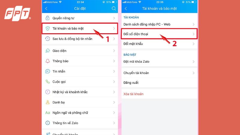 Giao diện quản lý số điện thoại và bảo mật Zalo