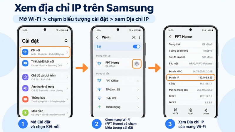 Điện thoại Samsung cho phép xem địa chỉ IP thông qua phần thông tin kết nối WiFi