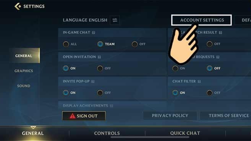 Mục Account Settings trong game Tốc Chiến