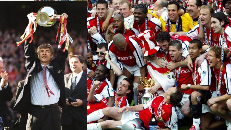Arsène Wenger cùng Arsenal ăn mừng chức vô địch Ngoại hạng Anh mùa 2001/02