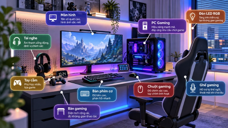 PC, màn hình, thiết bị ngoại vi và bàn ghế phù hợp là những yếu tố cơ bản để hoàn thiện góc gaming chuyên nghiệp