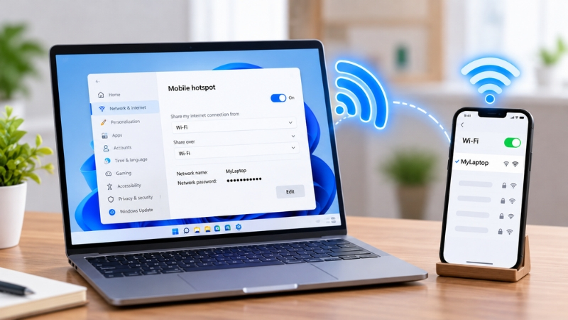 Máy tính có thể chia sẻ kết nối Internet cho điện thoại thông qua tính năng Mobile Hotspot