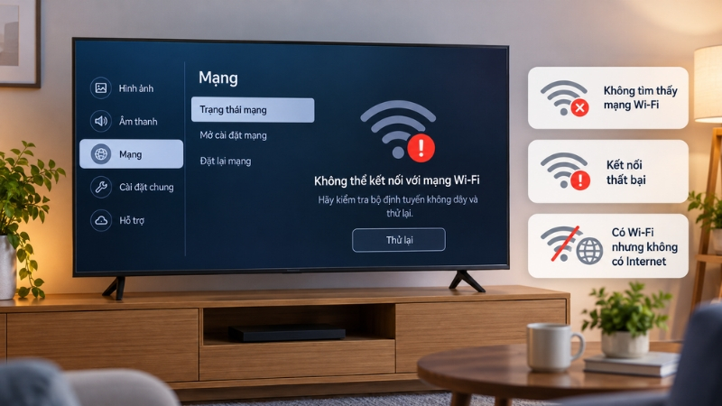 Tivi Samsung có thể hiển thị thông báo lỗi khi không tìm thấy hoặc không kết nối được mạng WiFi