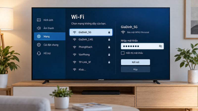 Kiểm tra đúng tên mạng và mật khẩu giúp tivi Samsung thiết lập lại kết nối WiFi