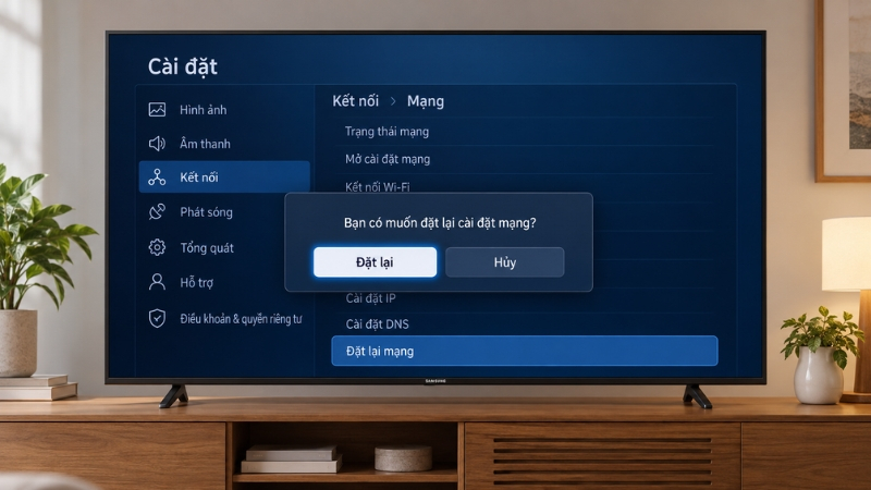Đặt lại cài đặt mạng giúp tivi Samsung xóa cấu hình kết nối cũ và thiết lập WiFi lại từ đầu
