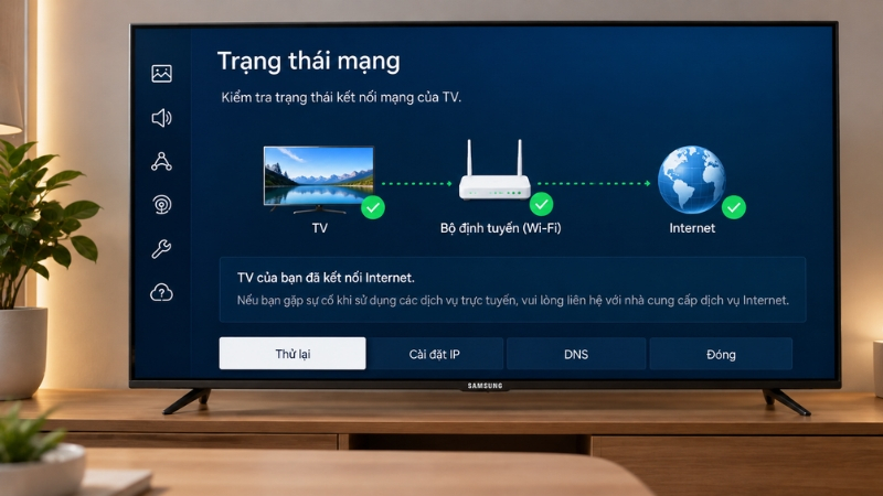 Sơ đồ trạng thái mạng giúp xác định kết nối giữa tivi, modem và Internet đang gặp vấn đề ở đâu