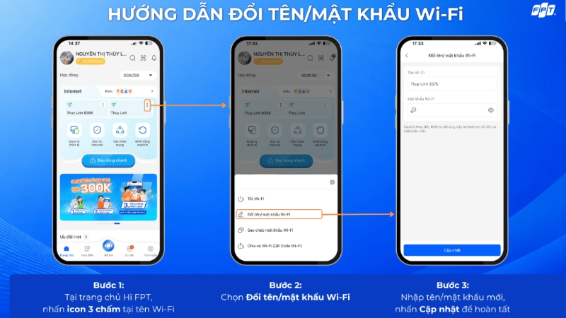Khách hàng FPT có thể đổi tên và mật khẩu WiFi trực tiếp trên ứng dụng Hi FPT