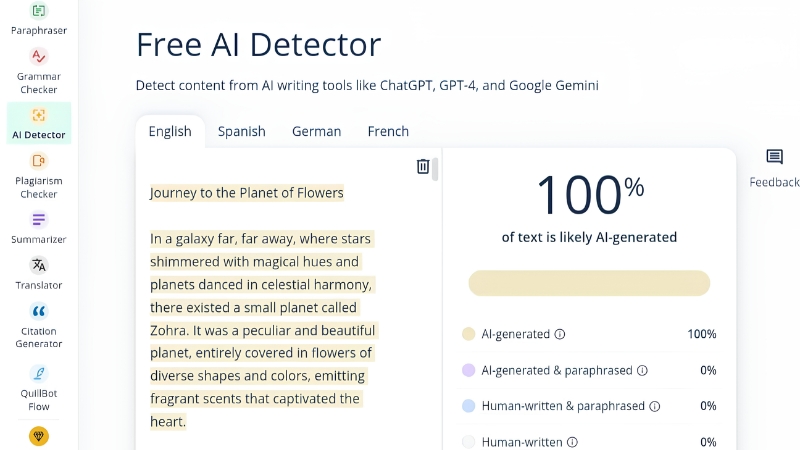 QuillBot cung cấp tính năng AI Detector miễn phí