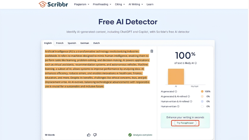 Scribbr AI Detector là công cụ kiểm tra văn bản AI phù hợp cho học sinh, sinh viên