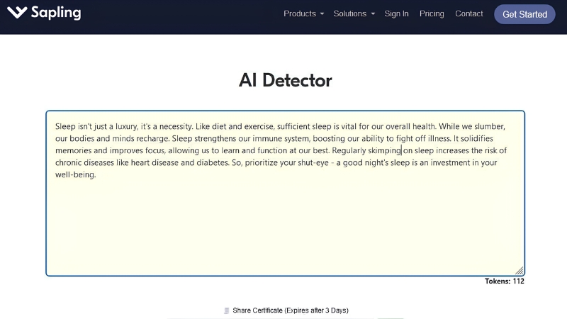 Sapling AI Detector phiên bản miễn phí giới hạn 2.000 ký tự mỗi lần kiểm tra