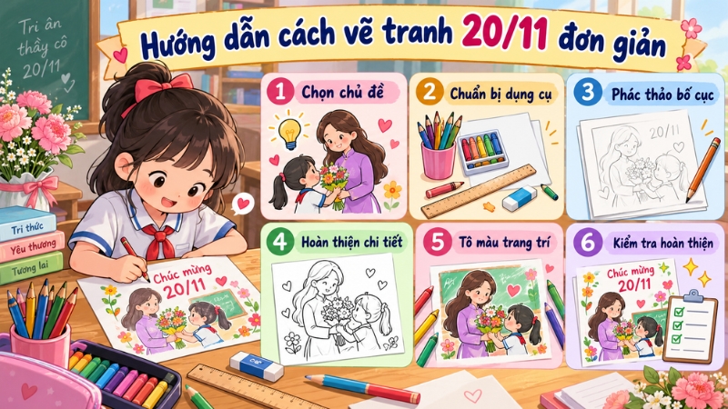 Các bước vẽ một bức tranh nhân ngày nhà giáo Việt Nam
