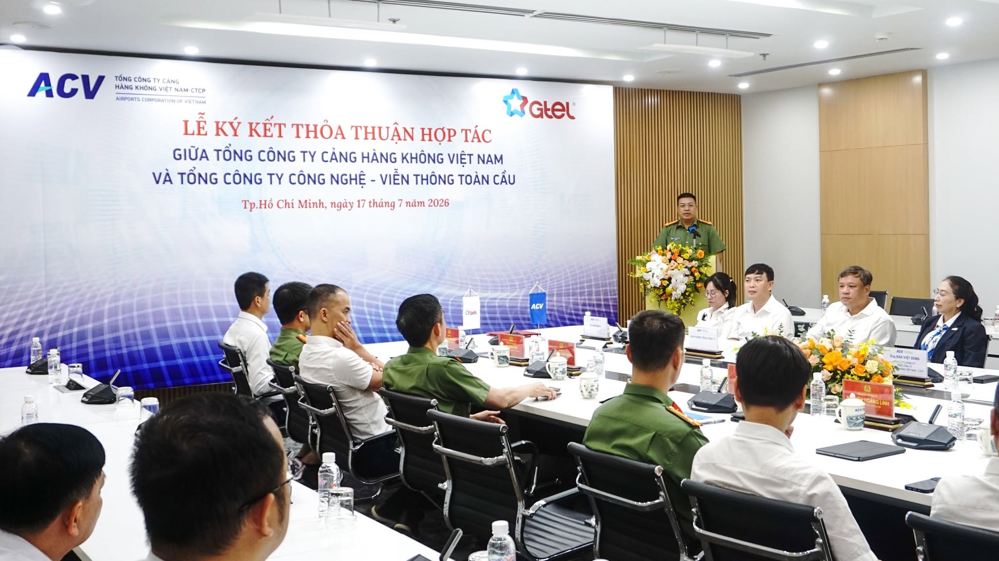 Đại tá Lương Đức Minh, Chủ tịch Tổng công ty GTEL phát biểu tại lễ ký kết.