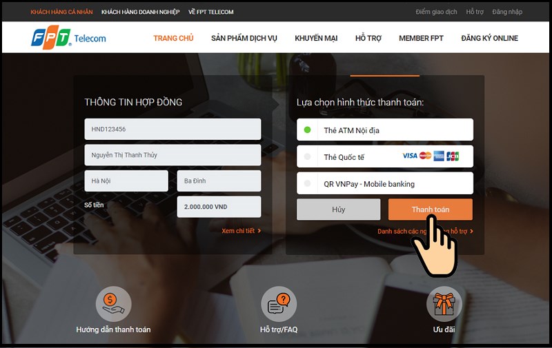 cách thanh toán tiền wifi qua website fpt