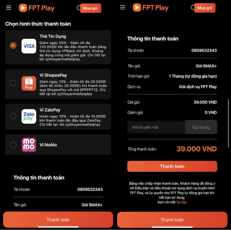 mua gói fpt play trên điện thoại