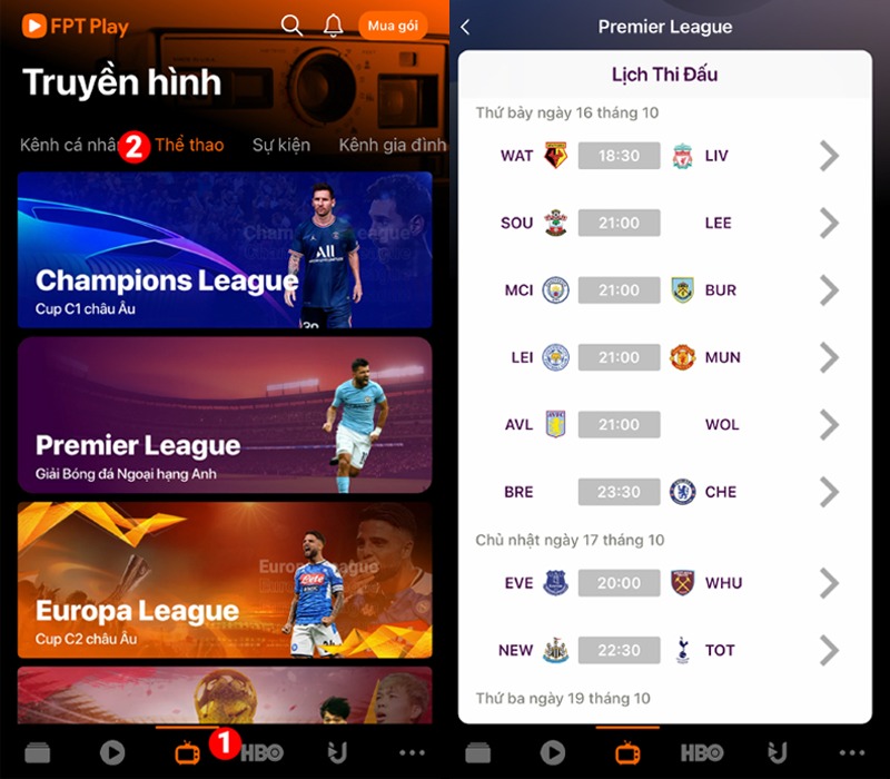 lịch xem trực tiếp bóng đá mới nhất tại fpt play