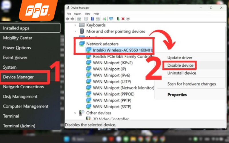 Tắt và bật lại Network Adapter