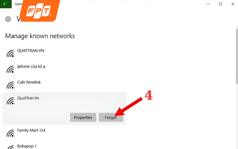 bước 3 quên mạng wifi và kết nối lại
