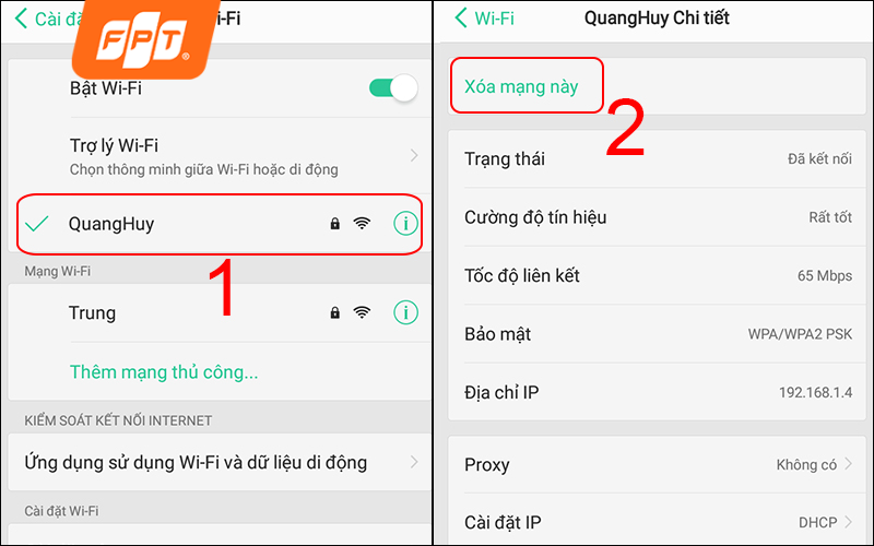bước 3 nhấn quên mạng và kết nối lại