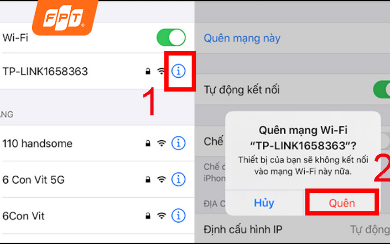 nhấn quên mạng wifi và kết nối lại