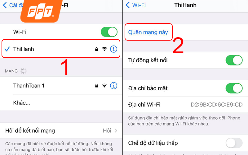 quên mạng wifi và kết nối lại khi wifi bị lỗi chấm than