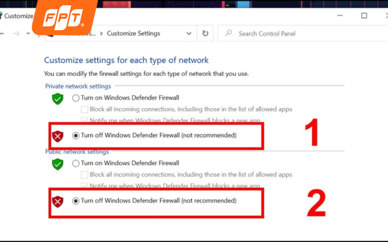 Kiểm tra và tắt tường lửa (Firewall)