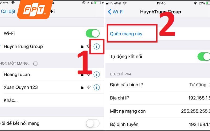 nhấn quên mạng hiện tại và kết nối lại