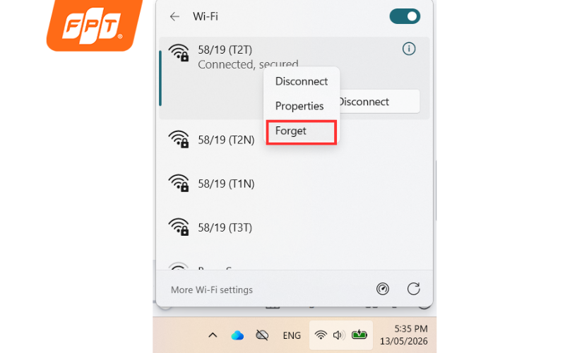 Quên mạng wifi cũ và tiến hành kết nối lại