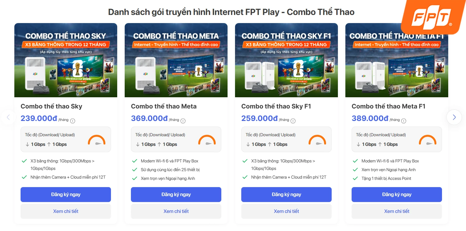 Giá gói cước combo Wi-Fi Internet kèm truyền hình FPT Play