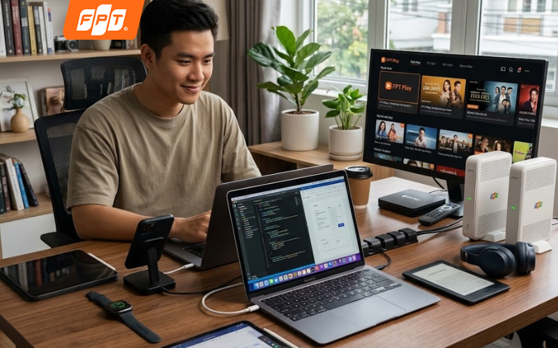 Người làm việc từ xa đang họp trực tuyến mượt mà nhờ gói internet đối xứng Combo Meta F1 Lite FPT 1000Mbps
