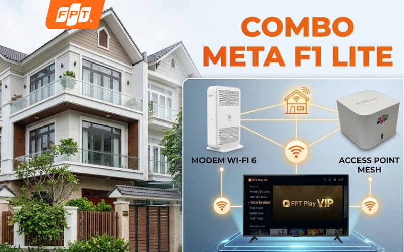 Bộ thiết bị modem Wifi 6, Access Point Mesh và dịch vụ truyền hình đi kèm gói Combo Meta F1 Lite