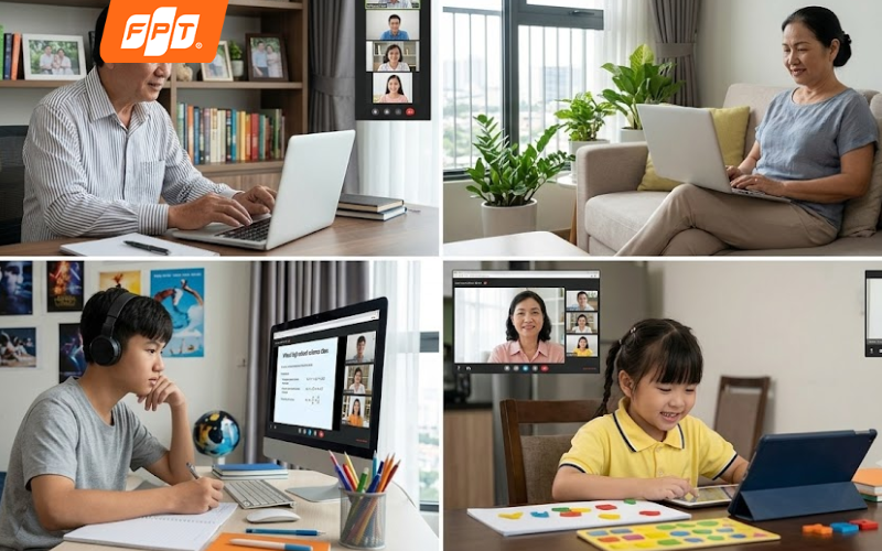 Gia đình nhiều người đang học tập và làm việc từ xa mượt mà nhờ internet đối xứng 1000Mbps gói Combo Meta F2 Lite FPT